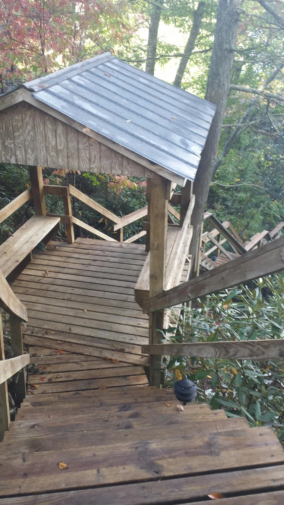 Metal roofed shelter over wooden steps on a wooded walkway — Skylight Repair & Installation work by our crew in Morrow
